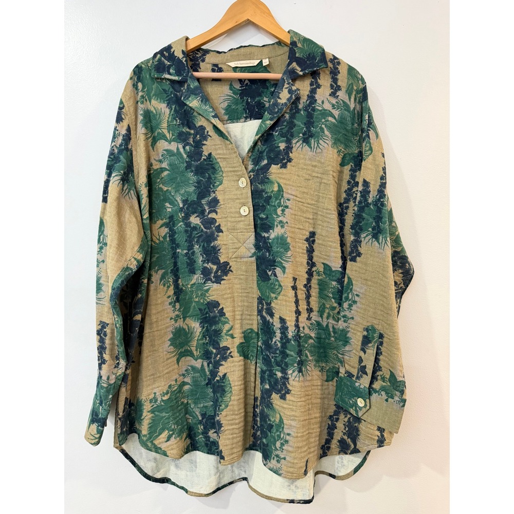Soft Surroundings 2X Cotton Gauze Tropical Floral Tunic Top Green